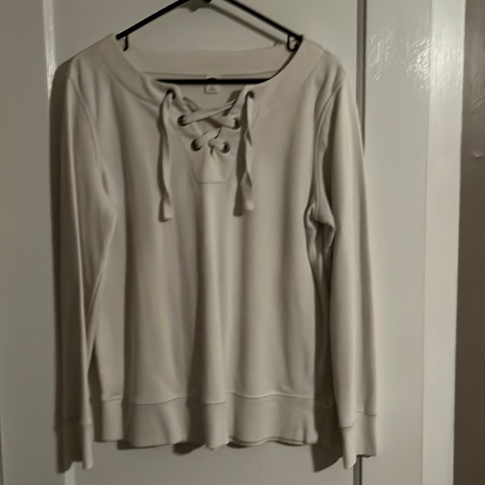 Cream sweatshirt with drawstring neckline
